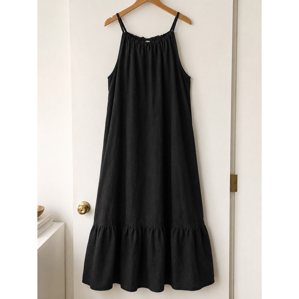 Crown Linen Designs Black 100% Linen Maxi Dress Oversized Tie Back ✨